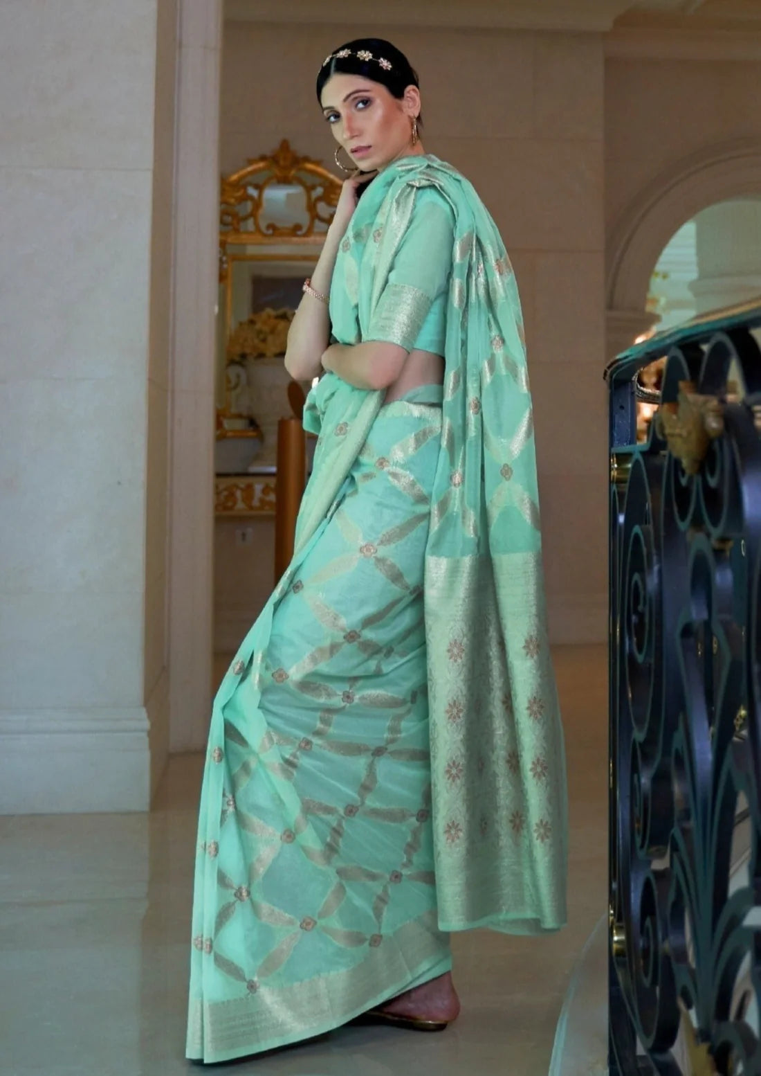 Banarasi cotton aqua green handloom zari saree blouse design.