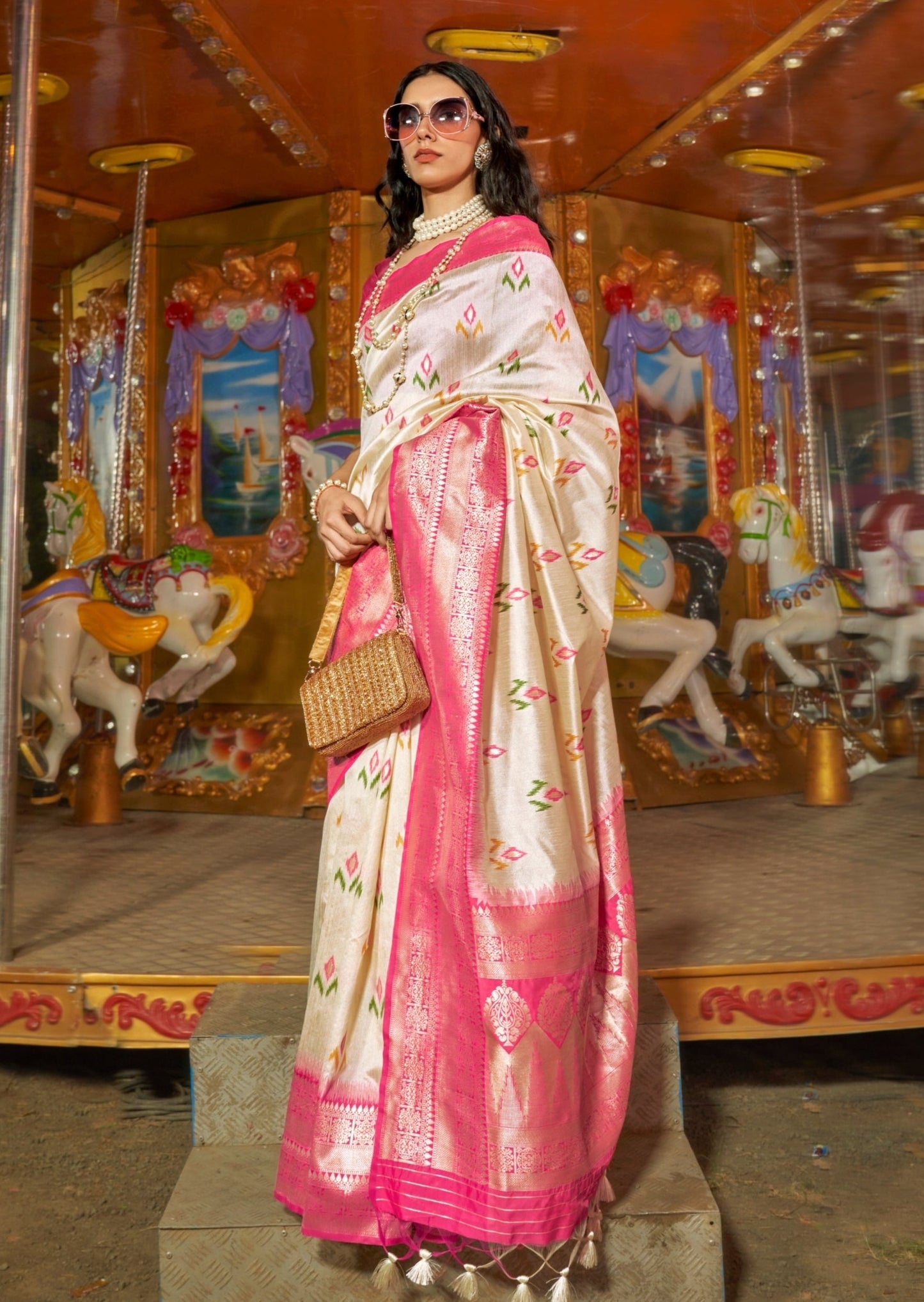 Banarasi cotton silk handloom patola off white saree online india.