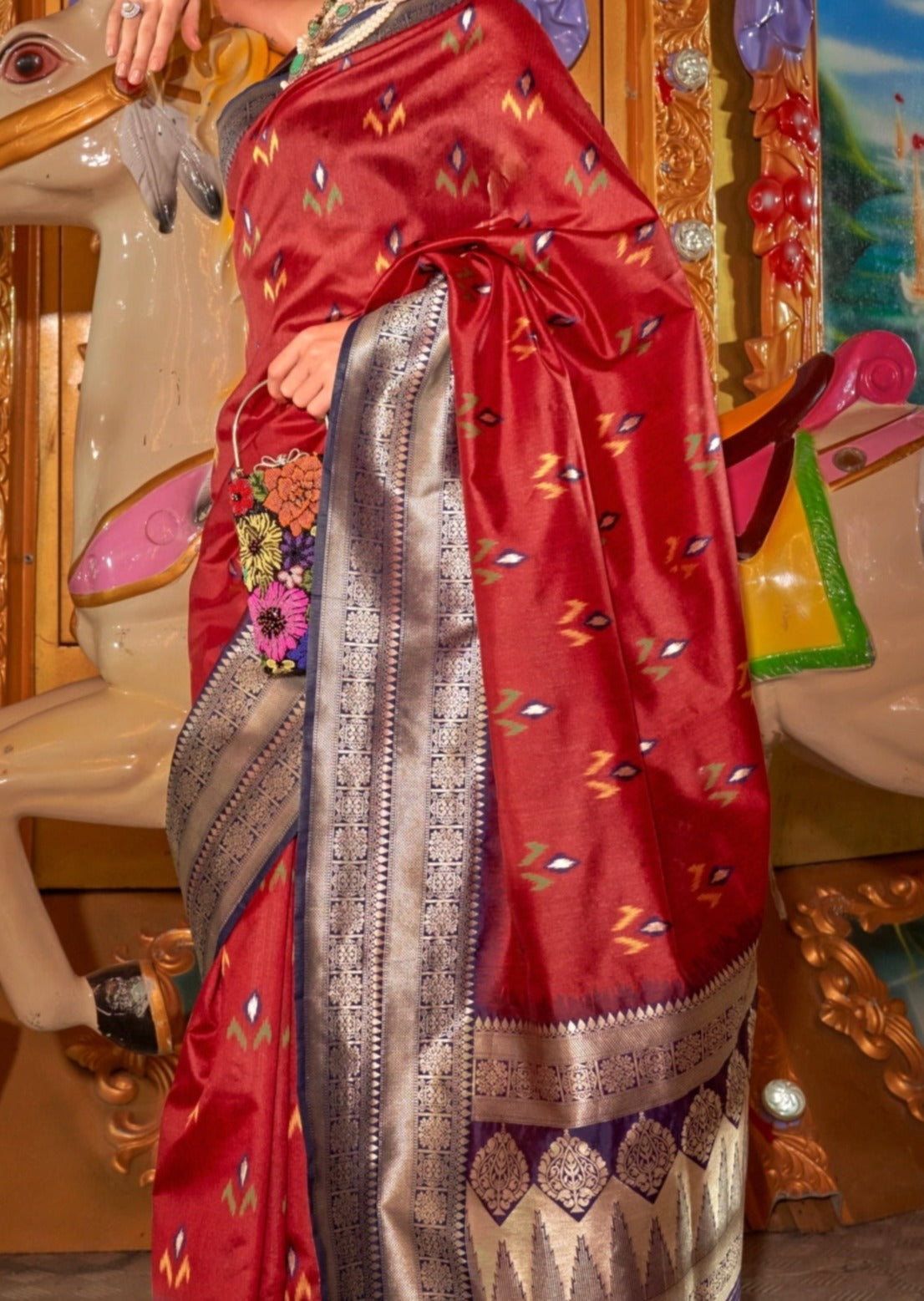 Banarasi cotton silk handloom patola red wedding saree online.