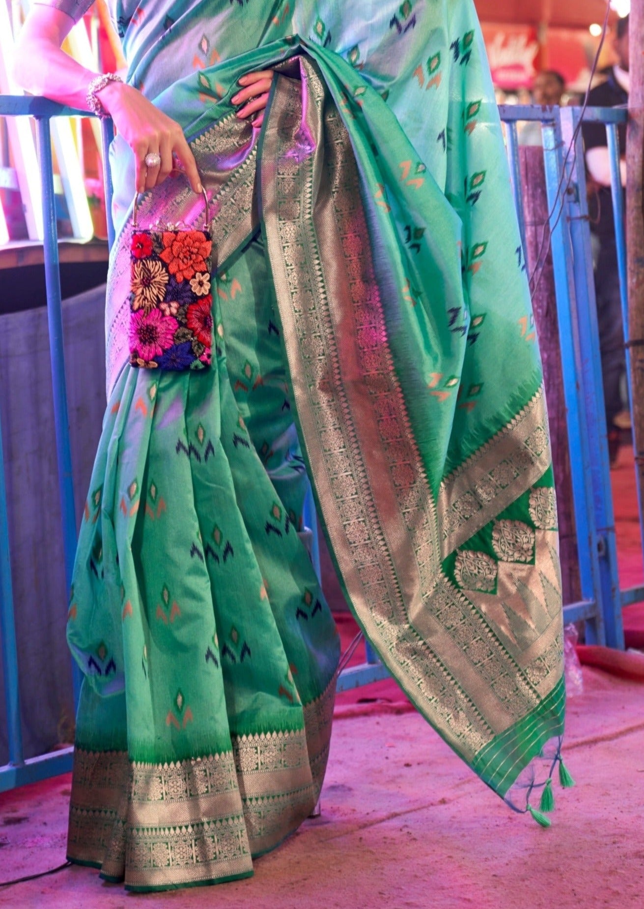 Banarasi cotton silk handloom patola sea green saree online.