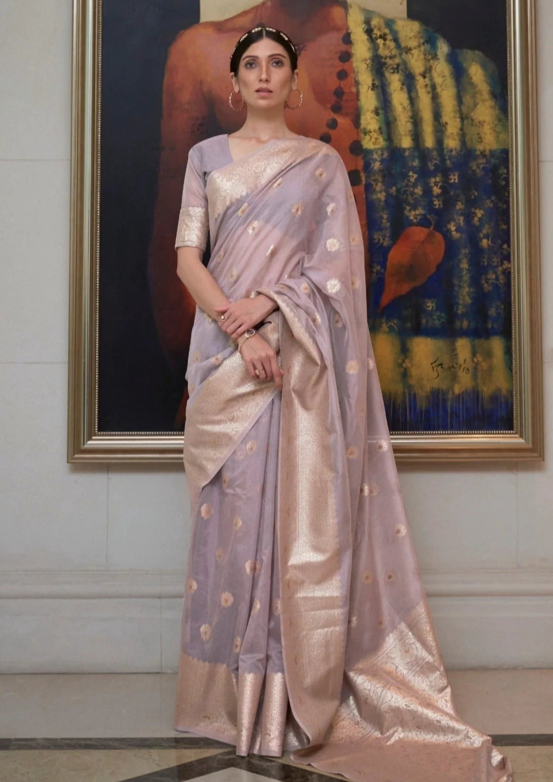 Banarasi cotton lavender purple handloom zari saree blouse design.