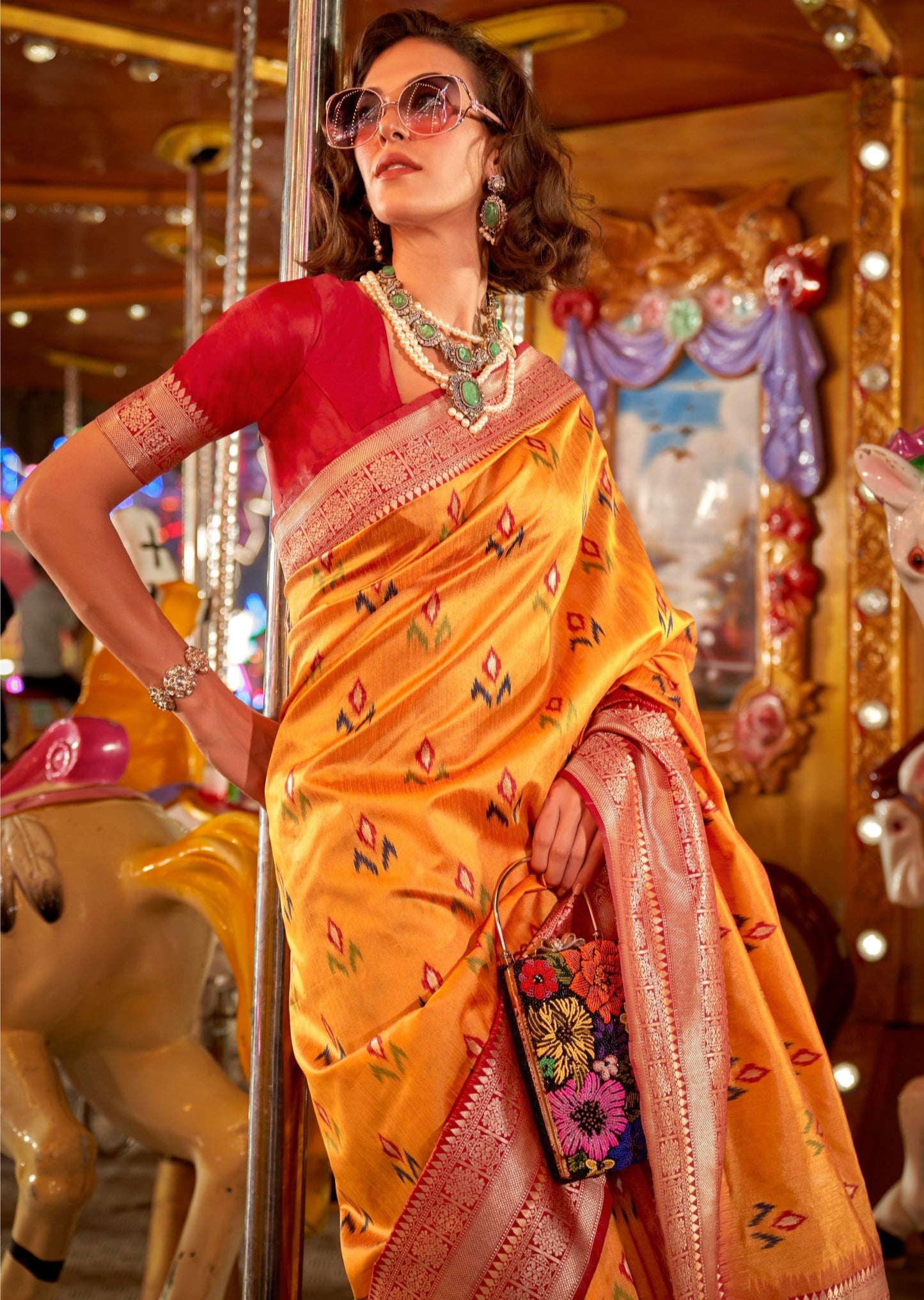 Banarasi cotton silk yellow handloom patola saree online india usa uk uae.