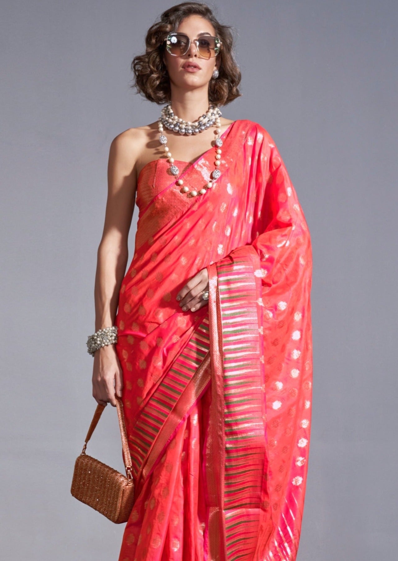 Banarasi handloom silk red orange saree for wedding.