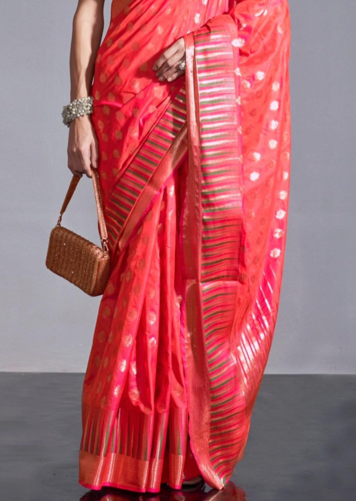 Banarasi handloom silk red orange saree online shopping.