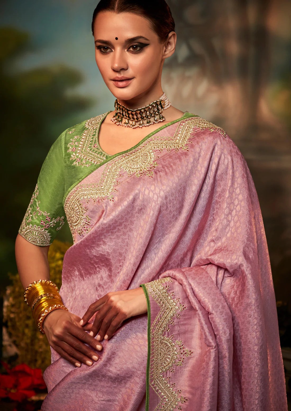 Banarasi katan silk hand embroidered work pink saree contrast blouse online buy india usa uk.