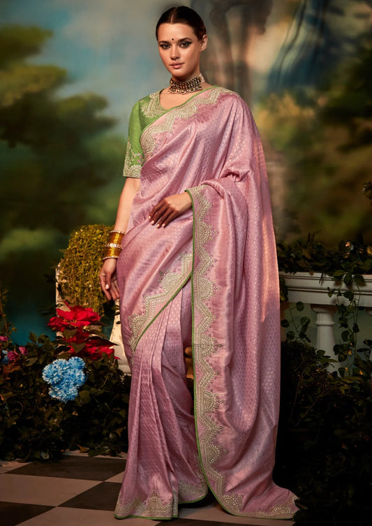 Banarasi katan silk hand embroidered work pink saree contrast blouse online india usa.