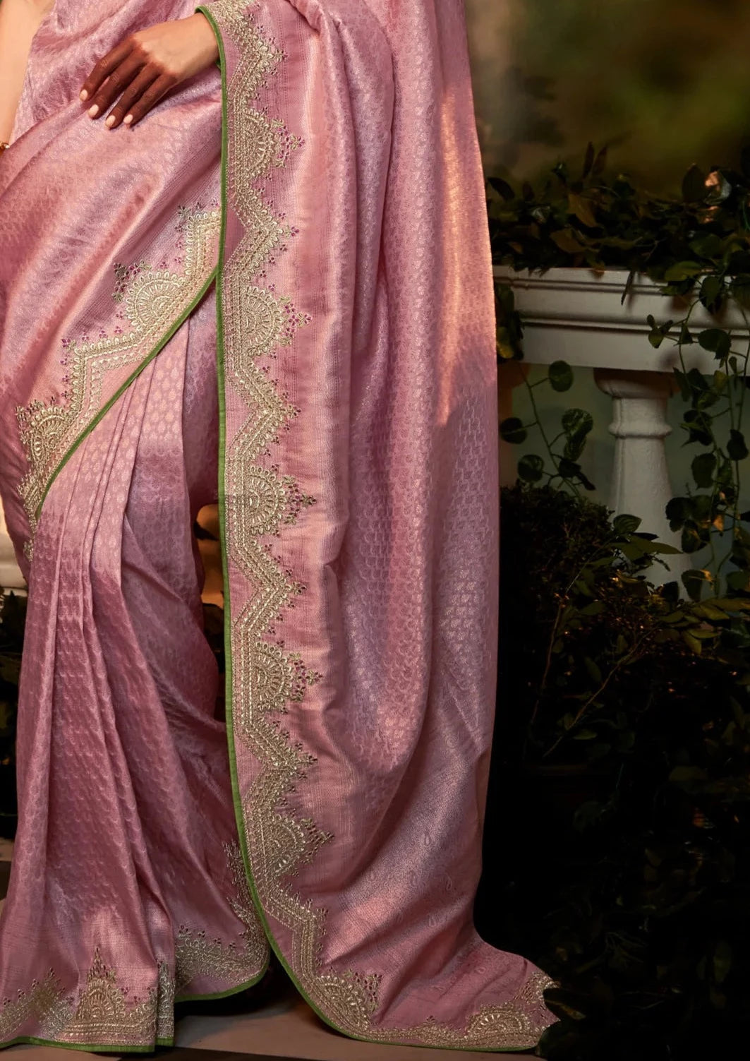 Banarasi katan silk hand embroidered work pink saree contrast blouse online price india usa uk.