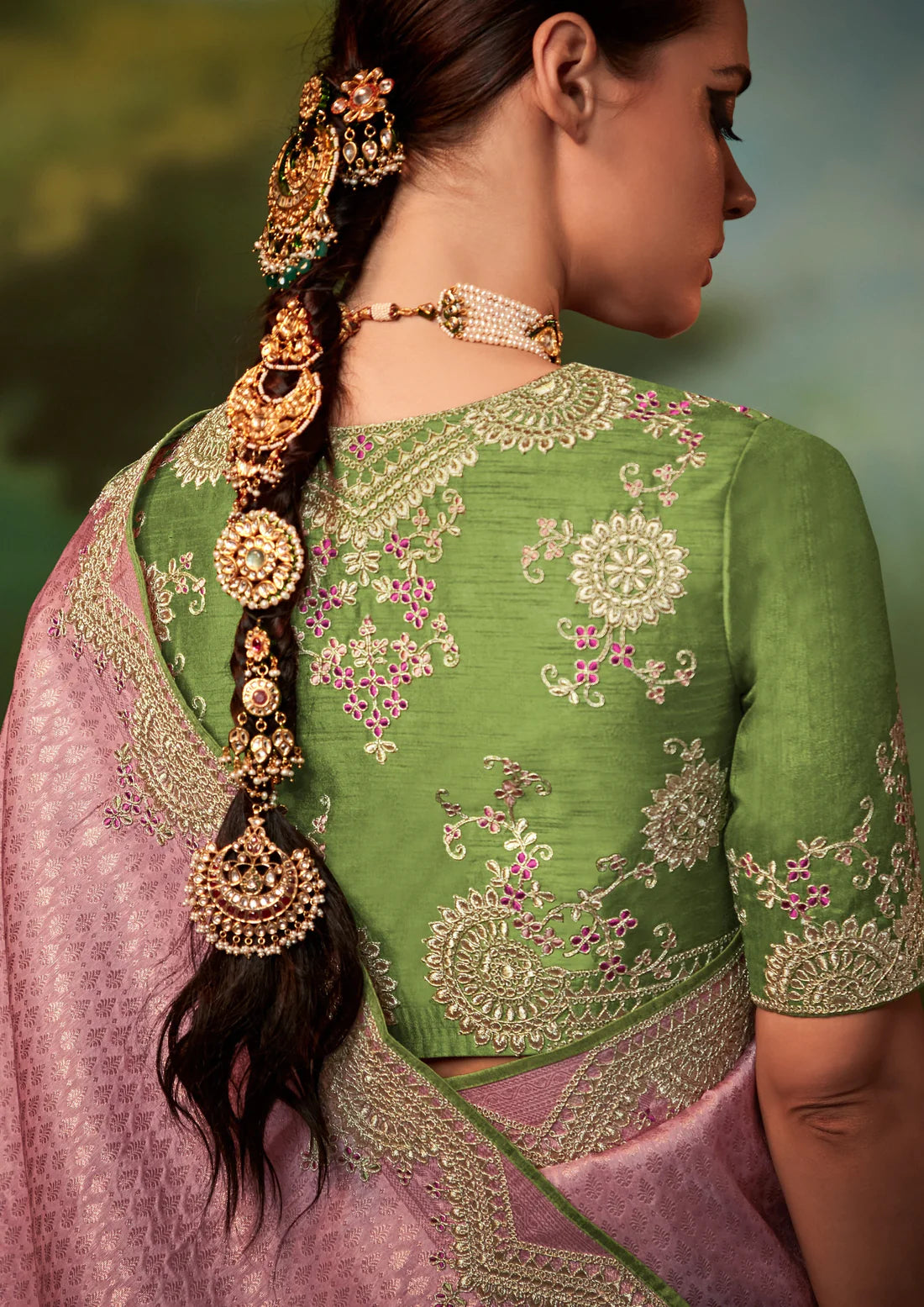 Banarasi katan silk hand embroidered work pink saree contrast blouse online shopping.