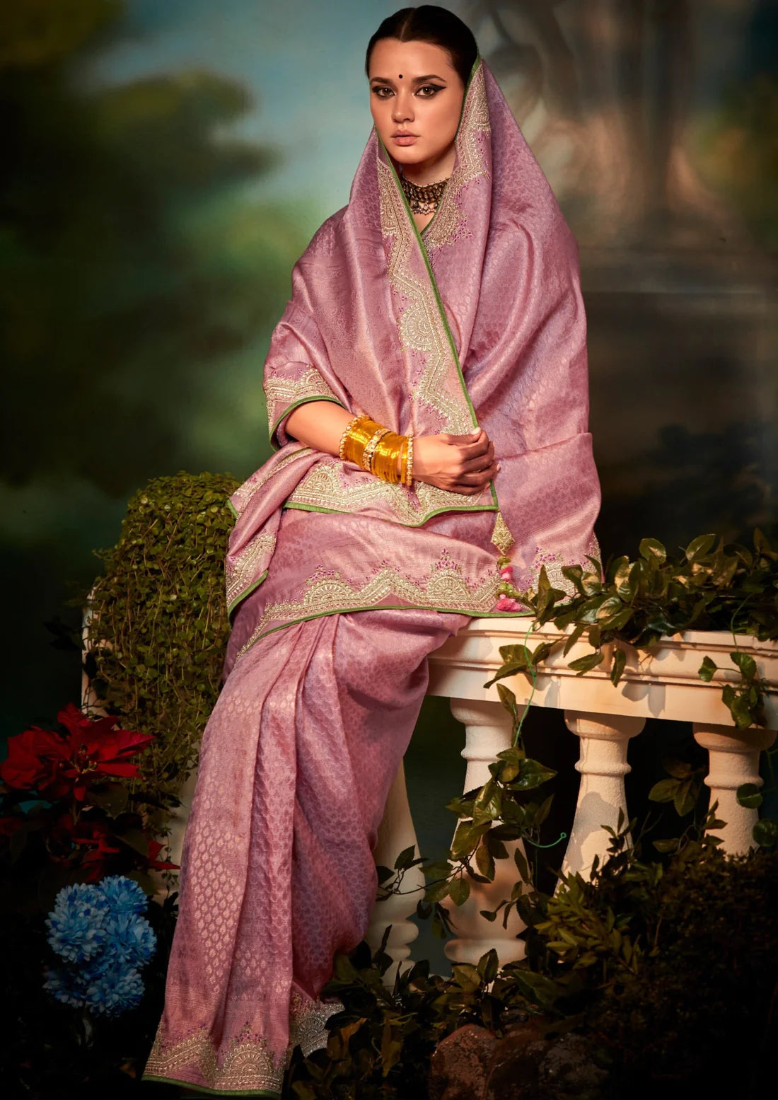 Banarasi katan silk hand embroidered work pink saree contrast blouse online india usa uk.