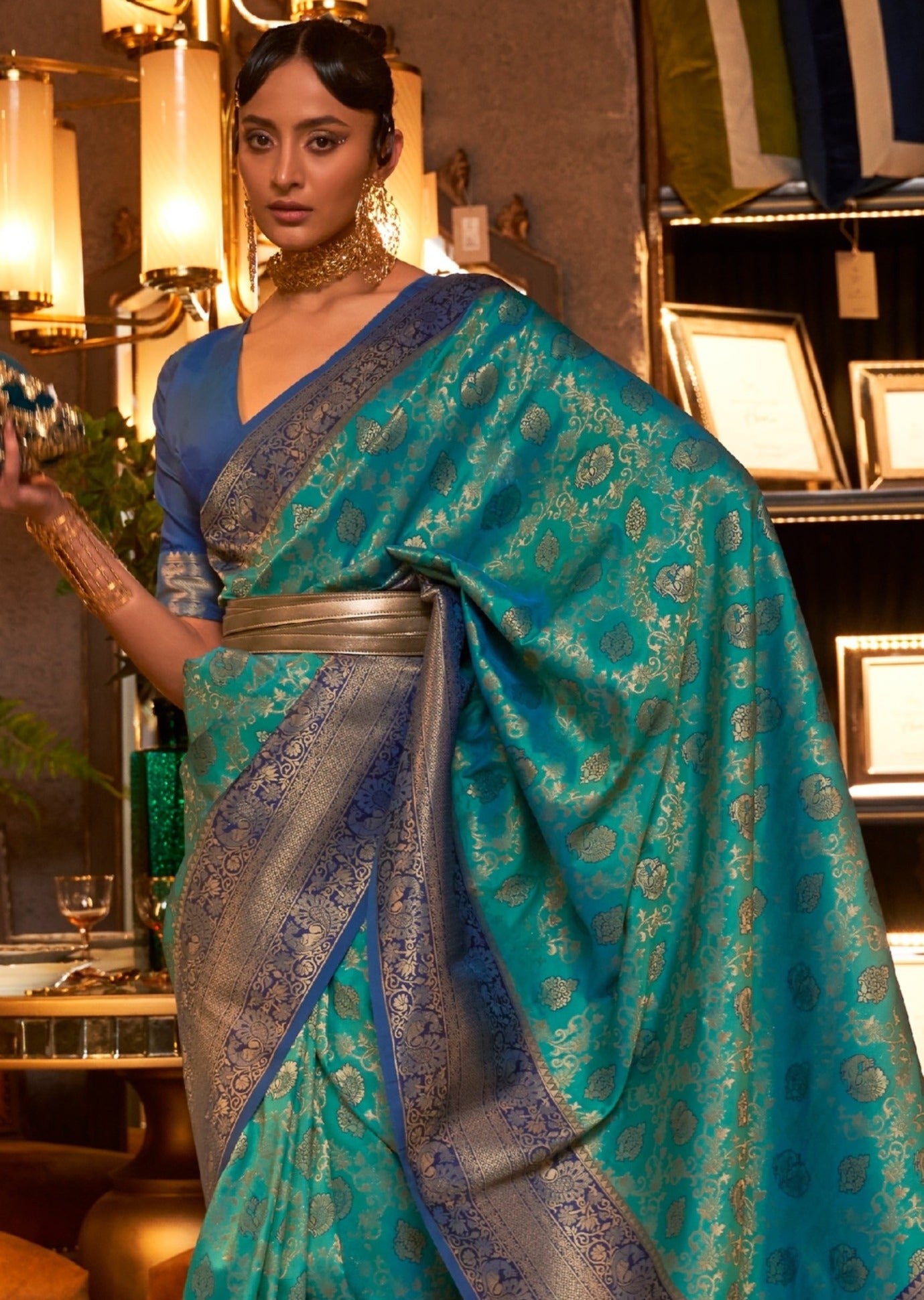 Banarasi katan silk handloom blue wedding saree online.