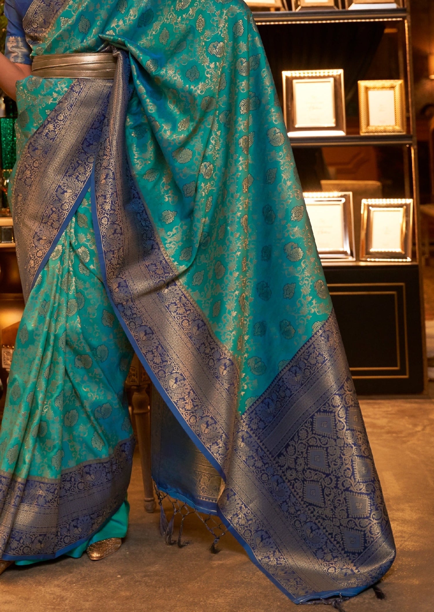 Banarasi katan silk turquoise blue zari saree online for wedding.