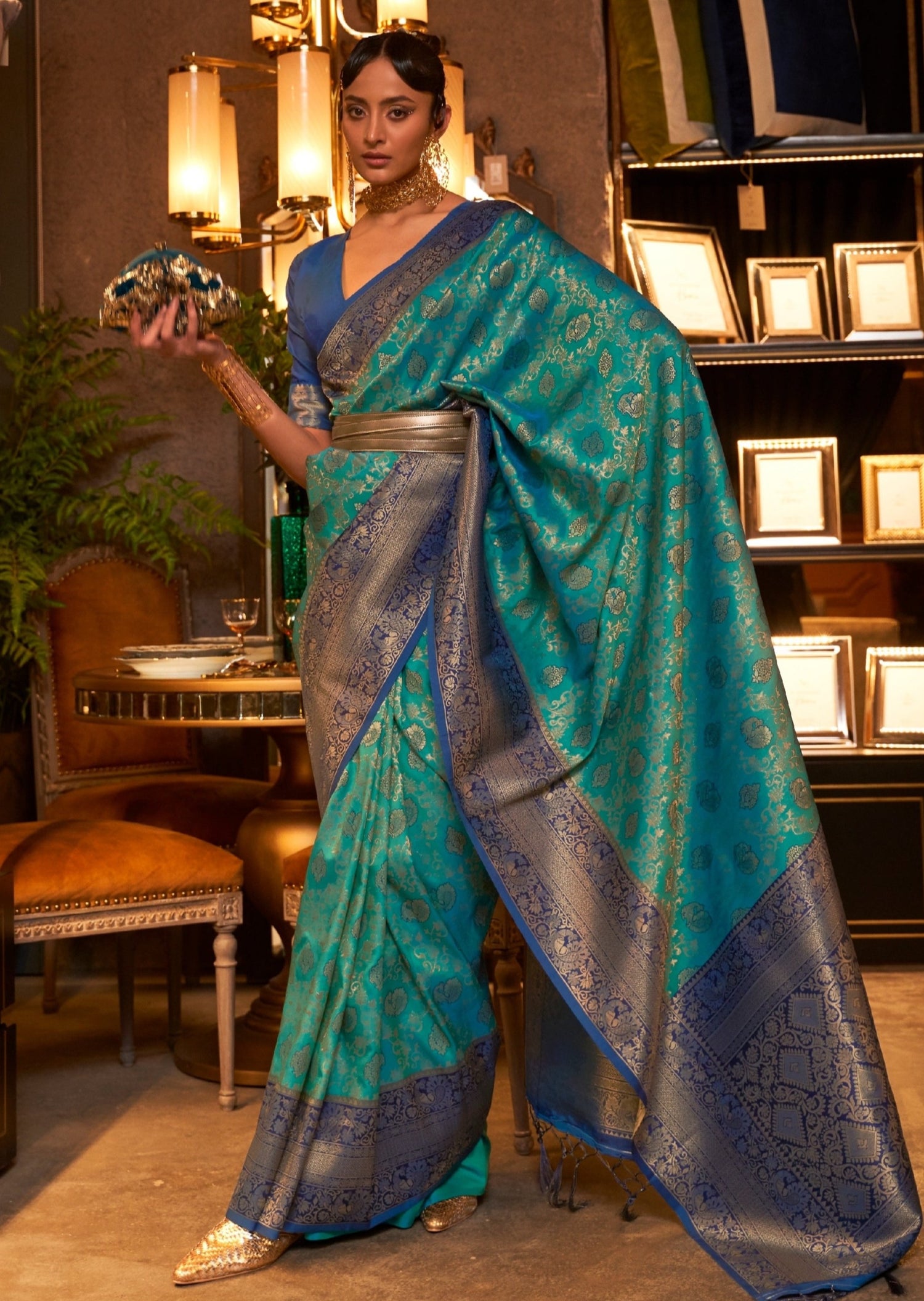 Banarasi katan silk turquoise blue zari saree online shopping india.