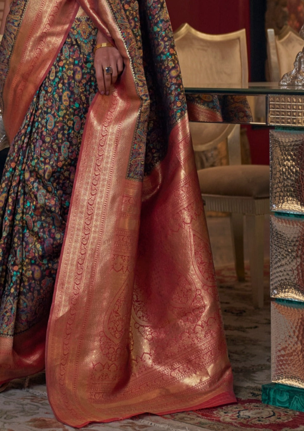 Black handloom kashmiri pashmina silk saree design online buy.