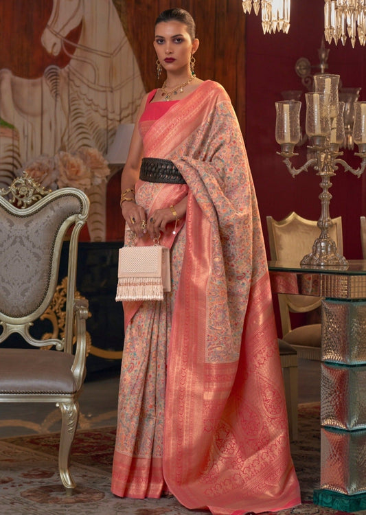 Banarasi pashmina kashmiri jamawar peach saree blouse online.