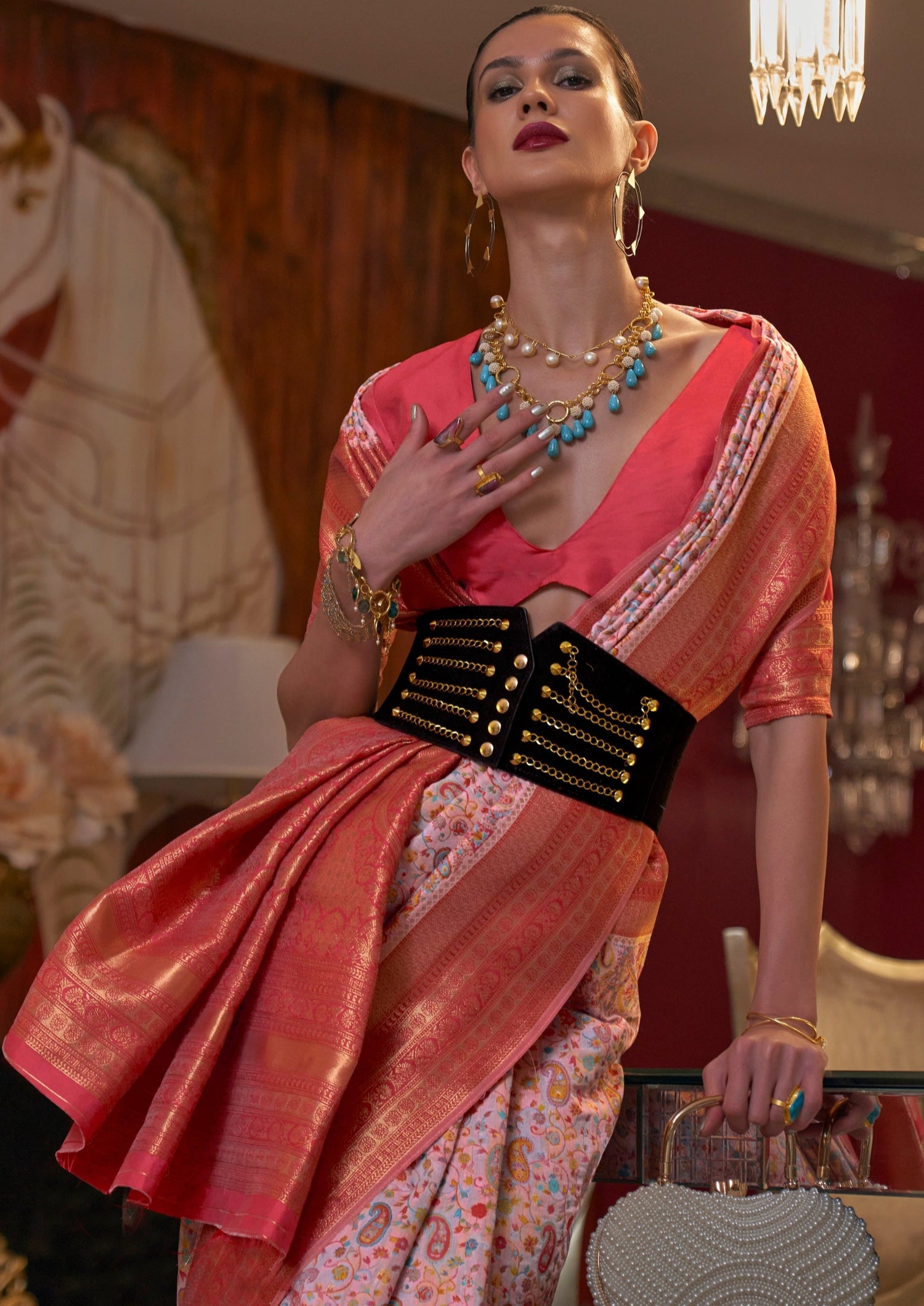 Banarasi pashmina kashmiri jamawar pink saree blouse online.