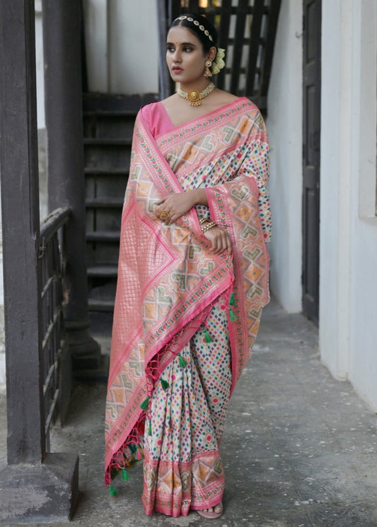 Banarasi patola handloom silk off white saree dubai online shopping.