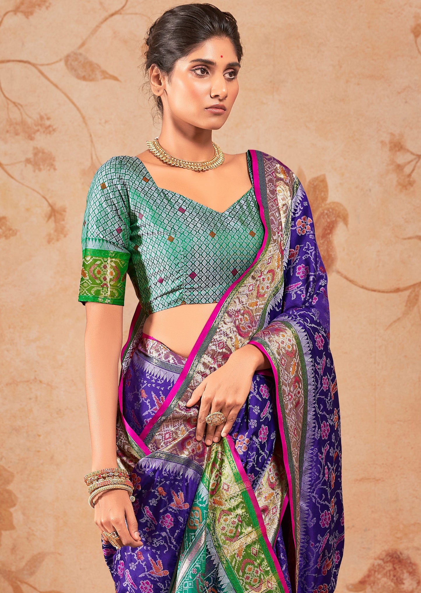 Banarasi patola handloom silk saree usa online in violet purple color with green blouse.