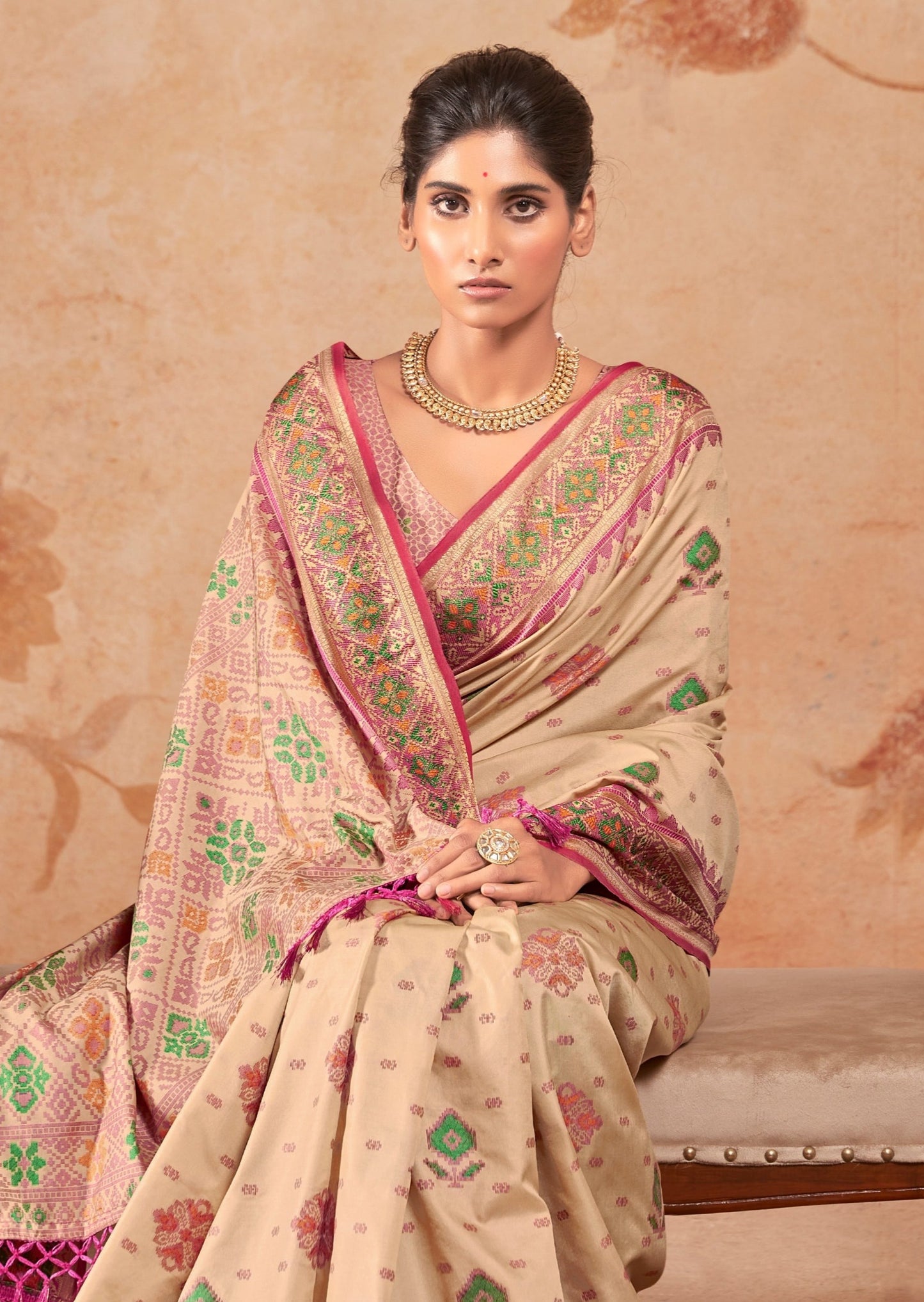 Banarasi patola handloom silk cream saree usa online shopping for wedding wear.