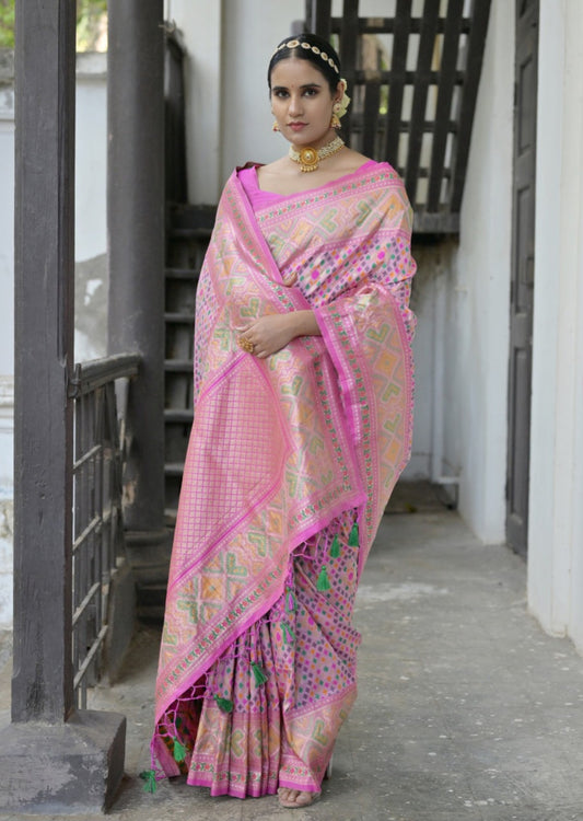 Banarasi patola handloom silk light pink saree online shopping with matching blouse.