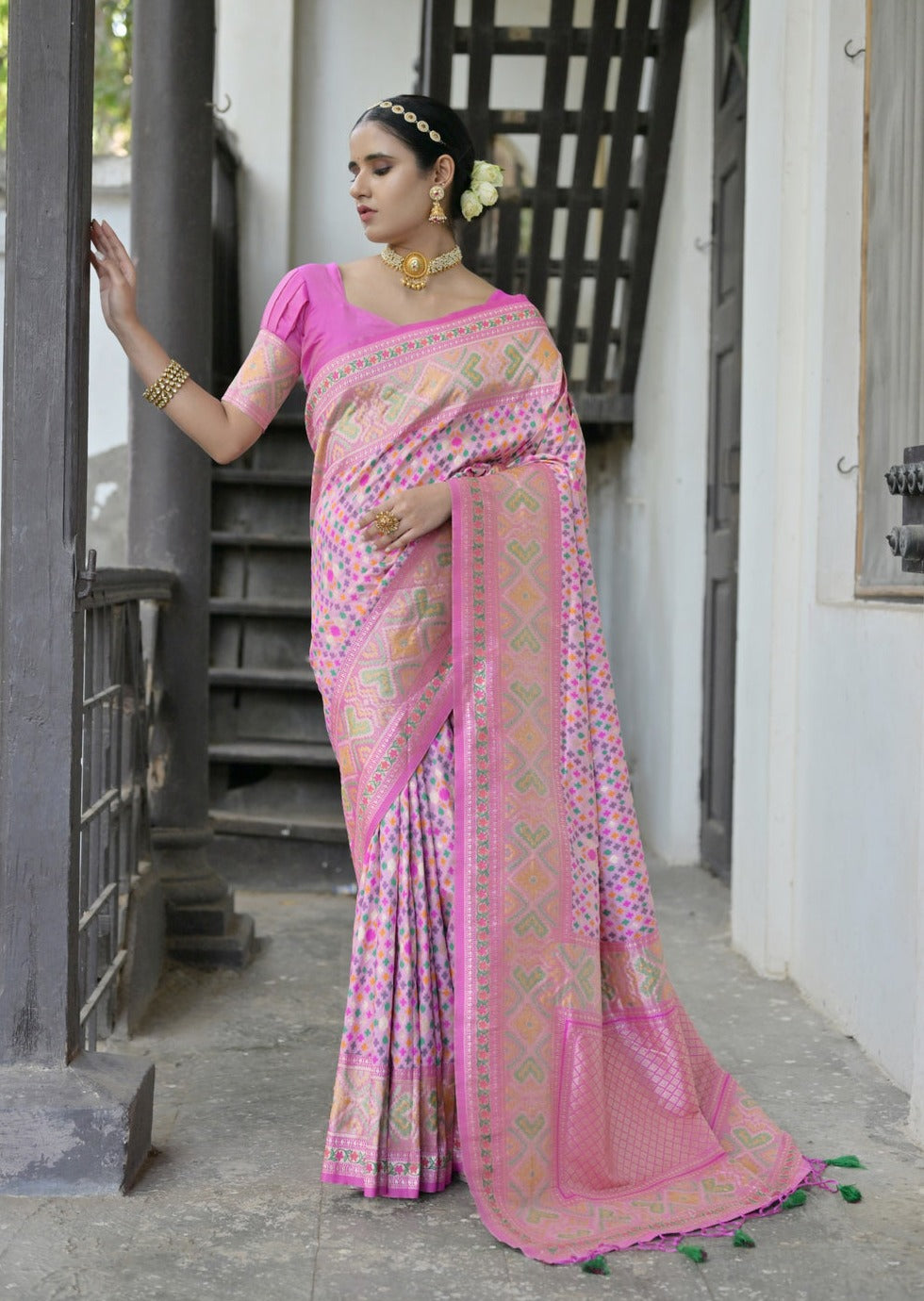 Banarasi patola handloom silk light pink saree usa online shopping with price.