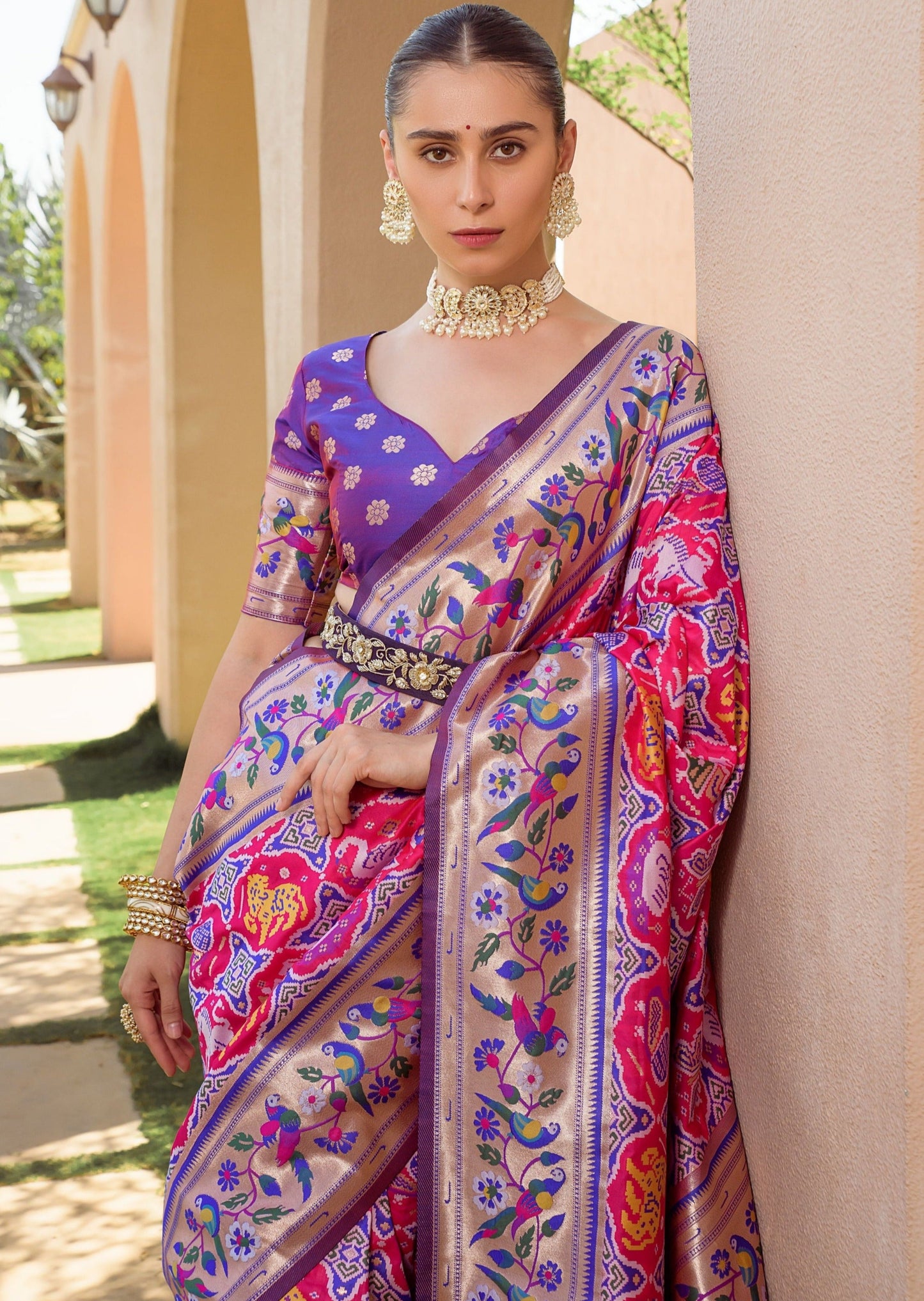 Banarasi patola handloom silk pink saree online shopping price in india usa uk with contrast purple blouse.