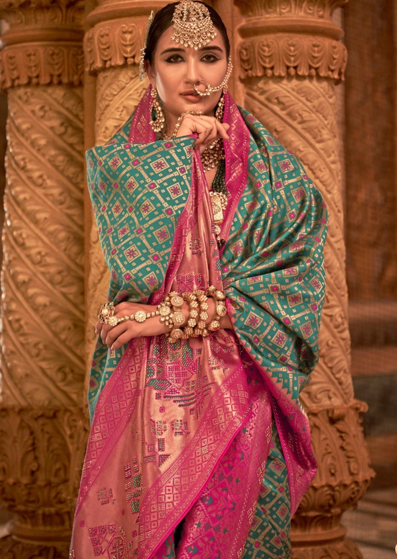 Banarasi patola handloom silk sea green traditional bridal saree online for bride.