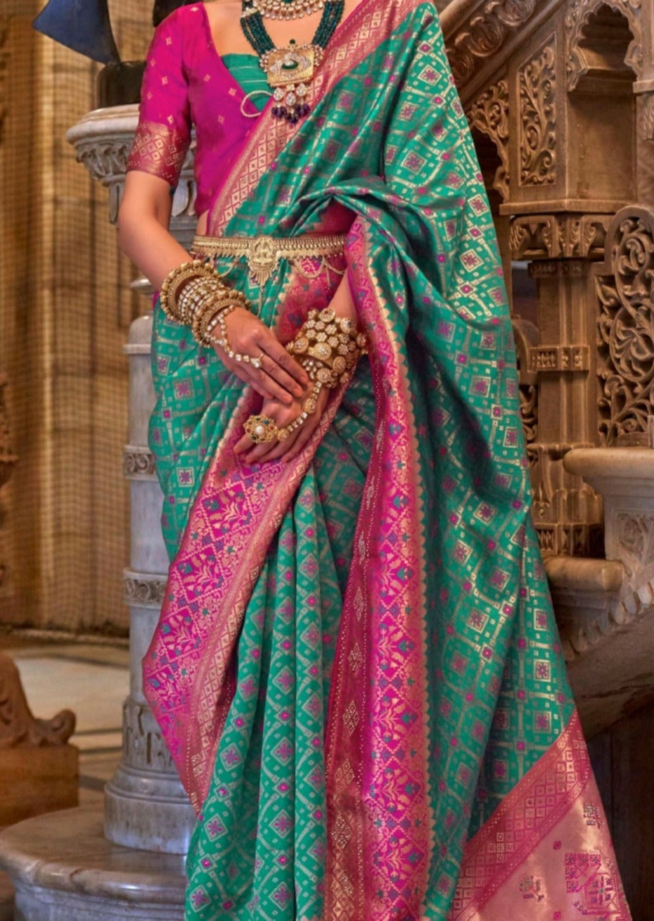 Banarasi patola handloom silk sea green traditional bridal saree online.