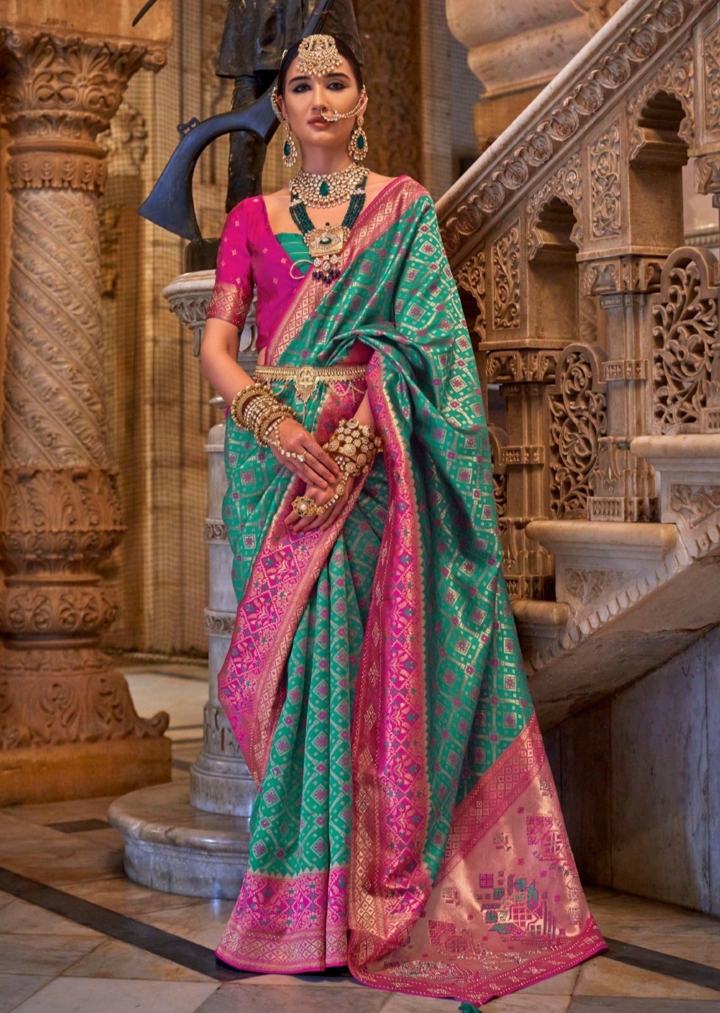 Banarasi patola handloom silk sea green traditional saree online.