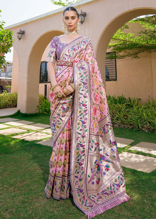 Original banarasi patola handloom silk light pink saree online shopping price in india usa uk with contrast purple blouse.