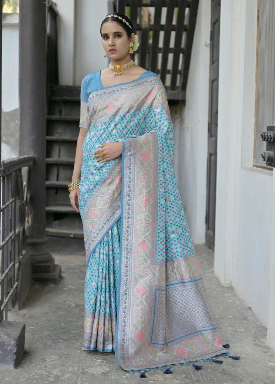 Banarasi patola handloom silk pastel blue saree usa online shopping for wedding.