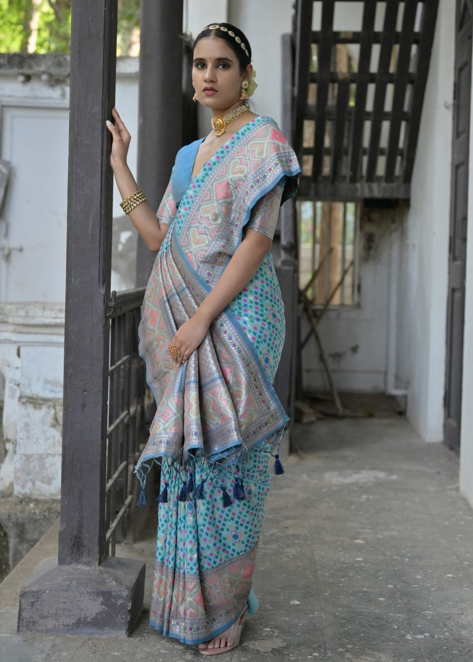 Banarasi patola handloom silk pastel blue saree usa online shopping with fall pico.