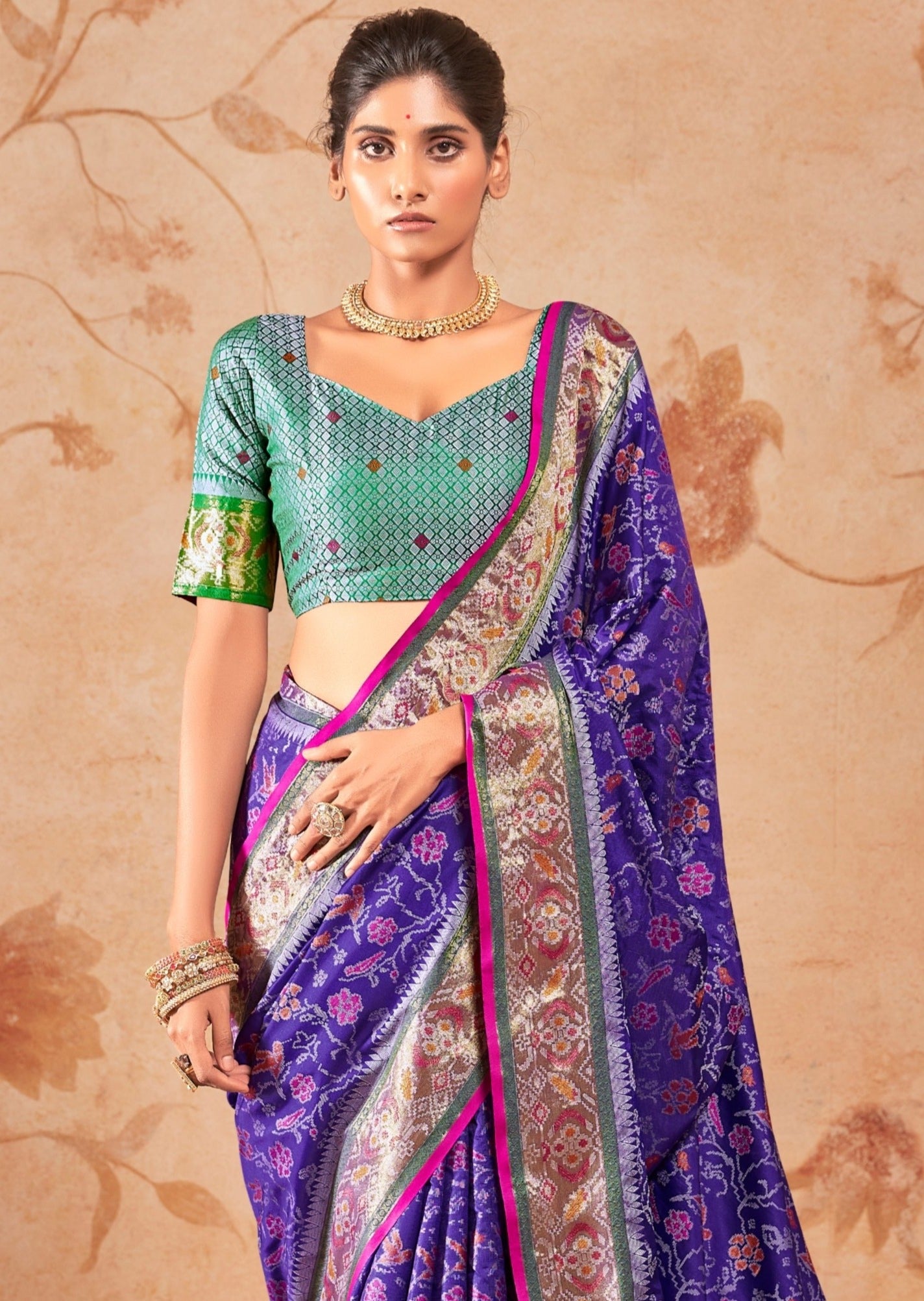 Banarasi patola handloom silk bridal saree usa online shopping in violet purple color with green blouse at fast shipping.