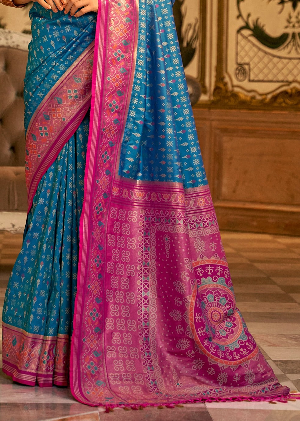 Blue banarasi patola silk handloom saree with contrast pink blouse online designs in usa.