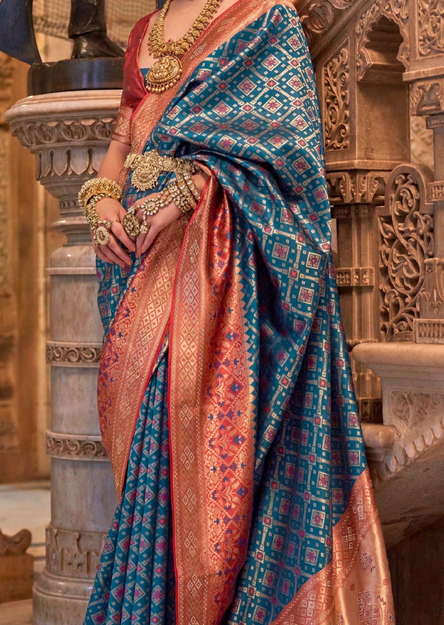 Banarasi patola silk blue luxury bridal zari work saree online india for bride.