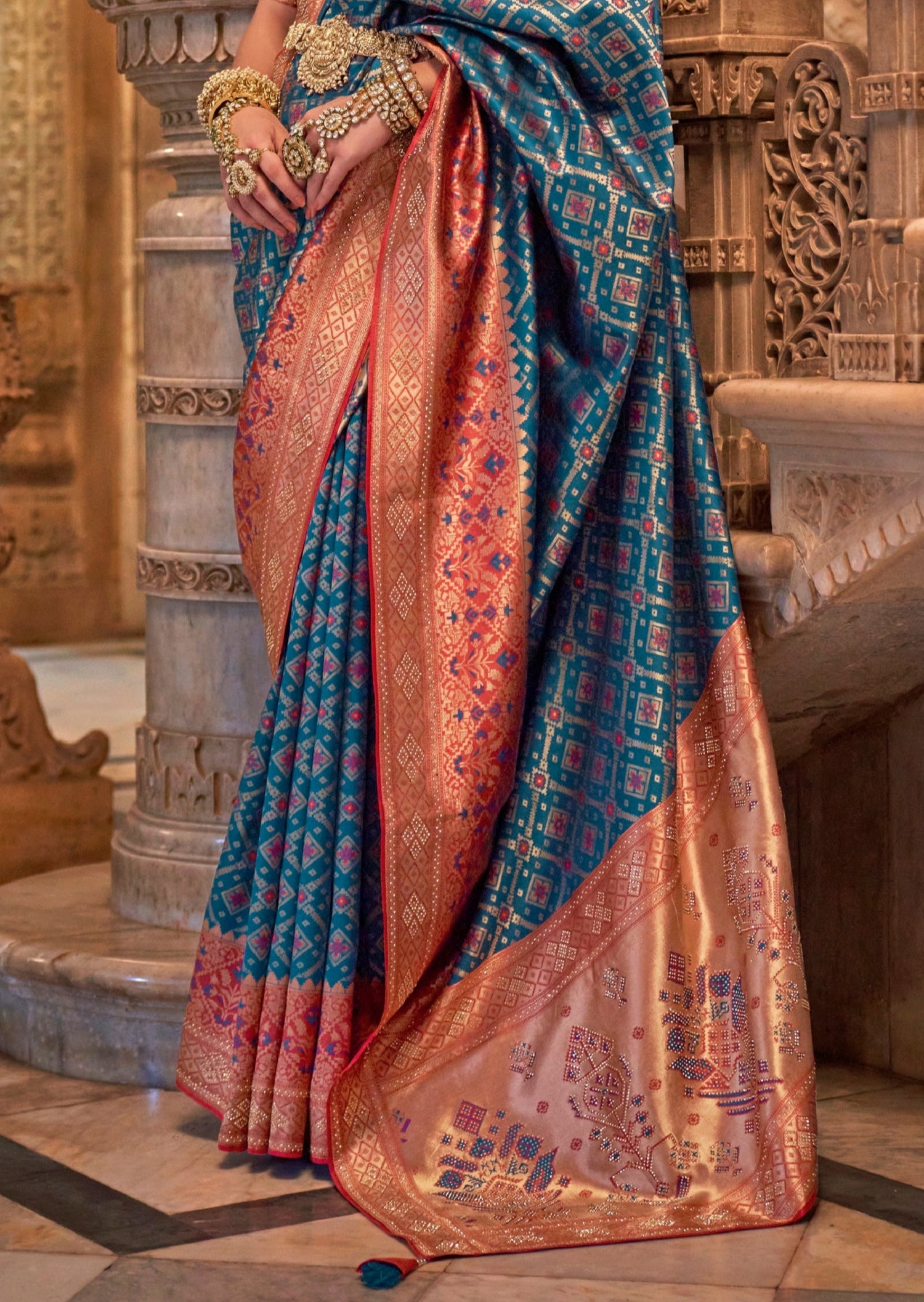 Banarasi patola silk blue luxury bridal zari work saree online india for wedding.