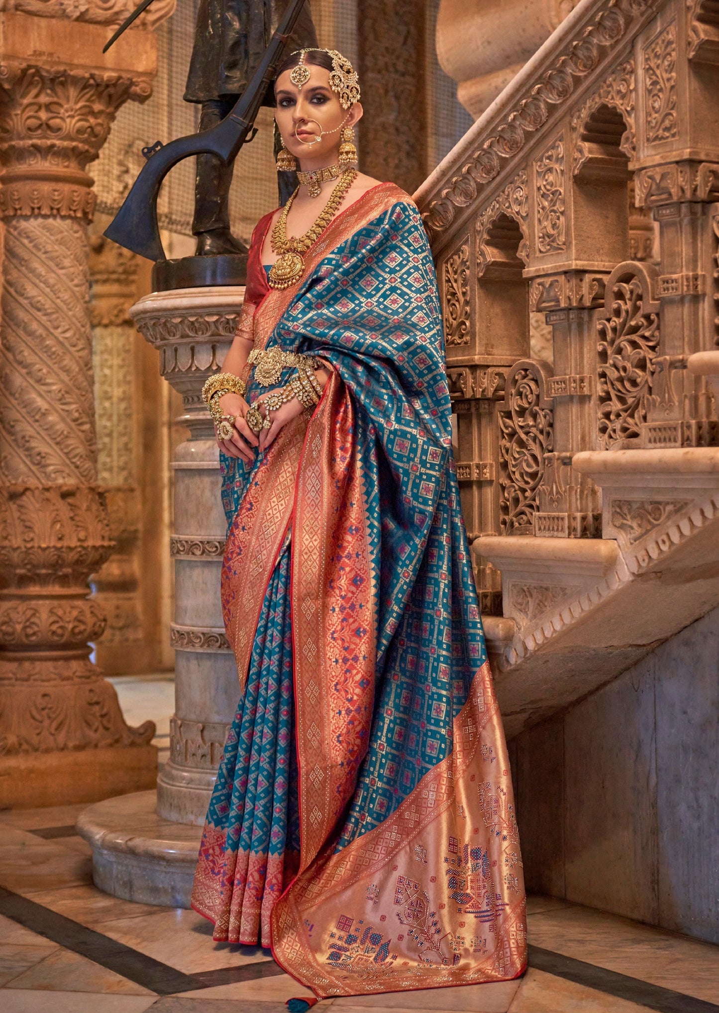 Banarasi patola silk blue luxury bridal zari work traditional saree online india.