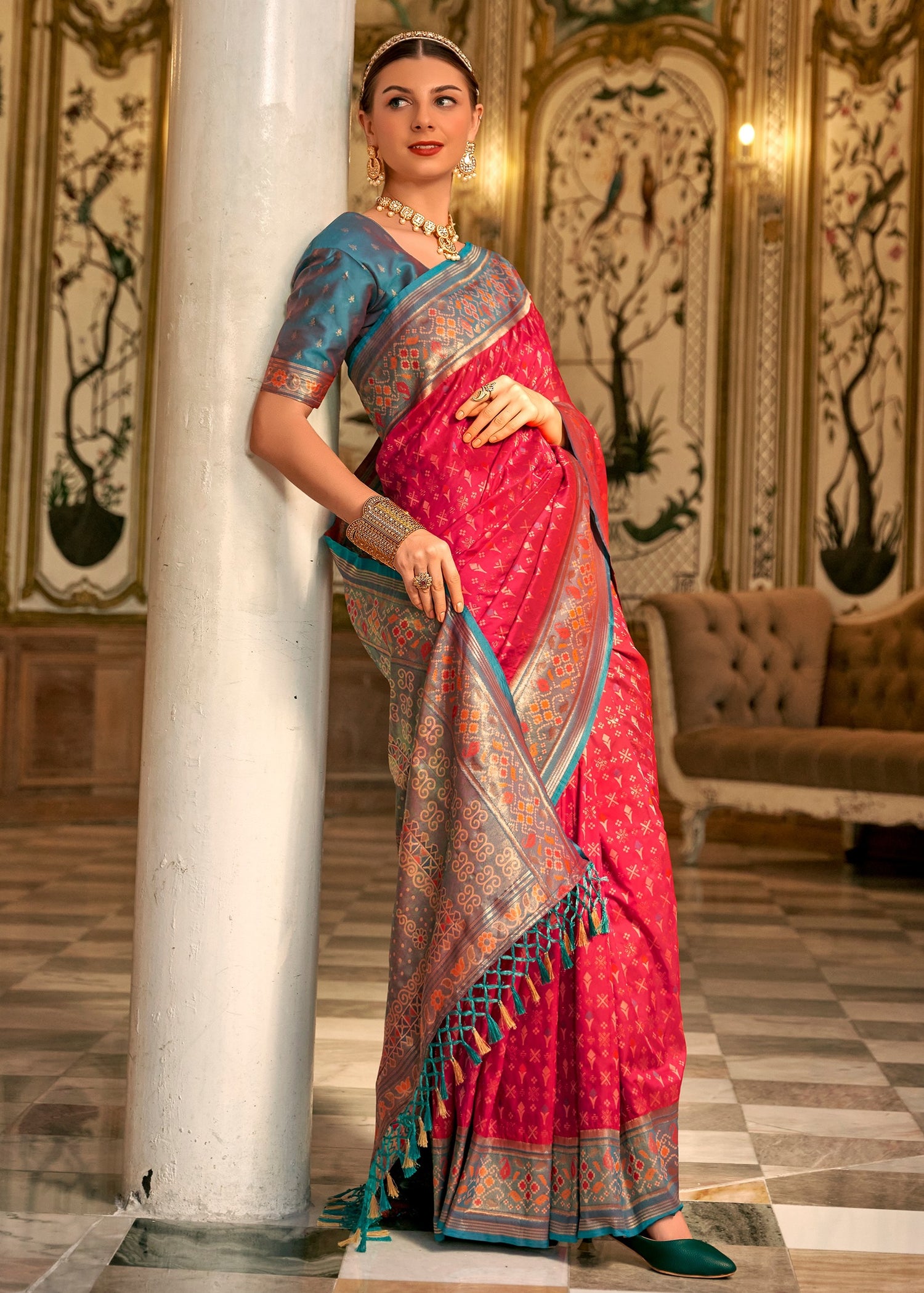 Red banarasi patola silk bridal saree in usa online for bride.