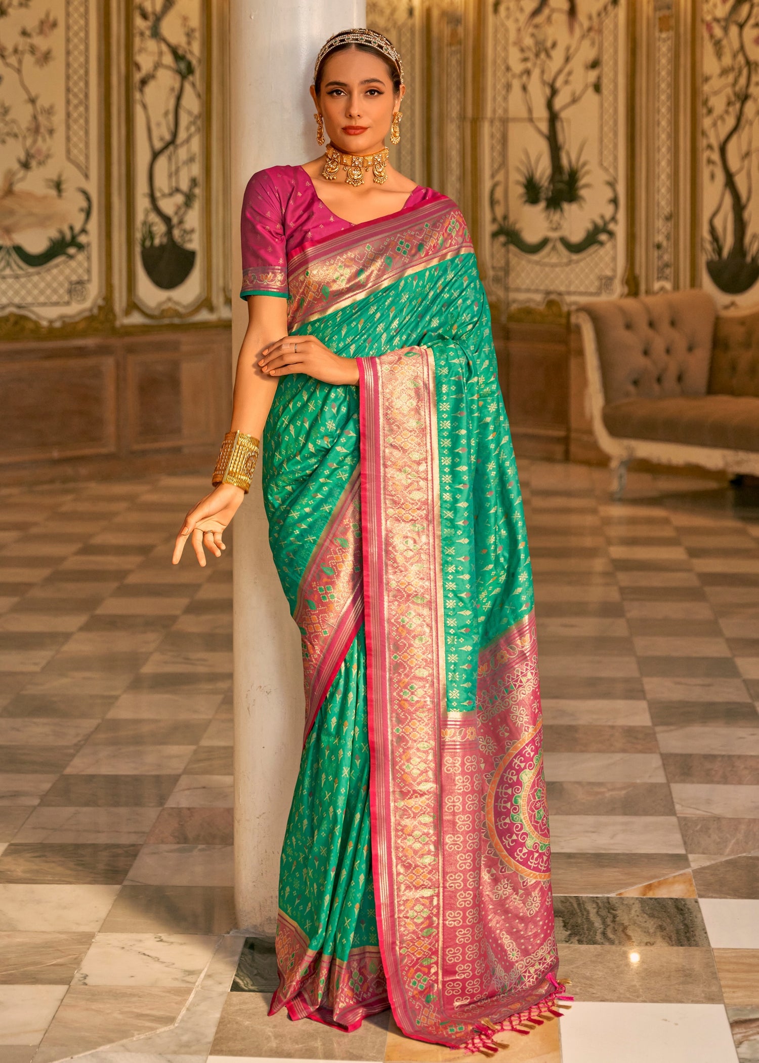 Shop banarasi patola silk green handloom saree online in usa for wedding.