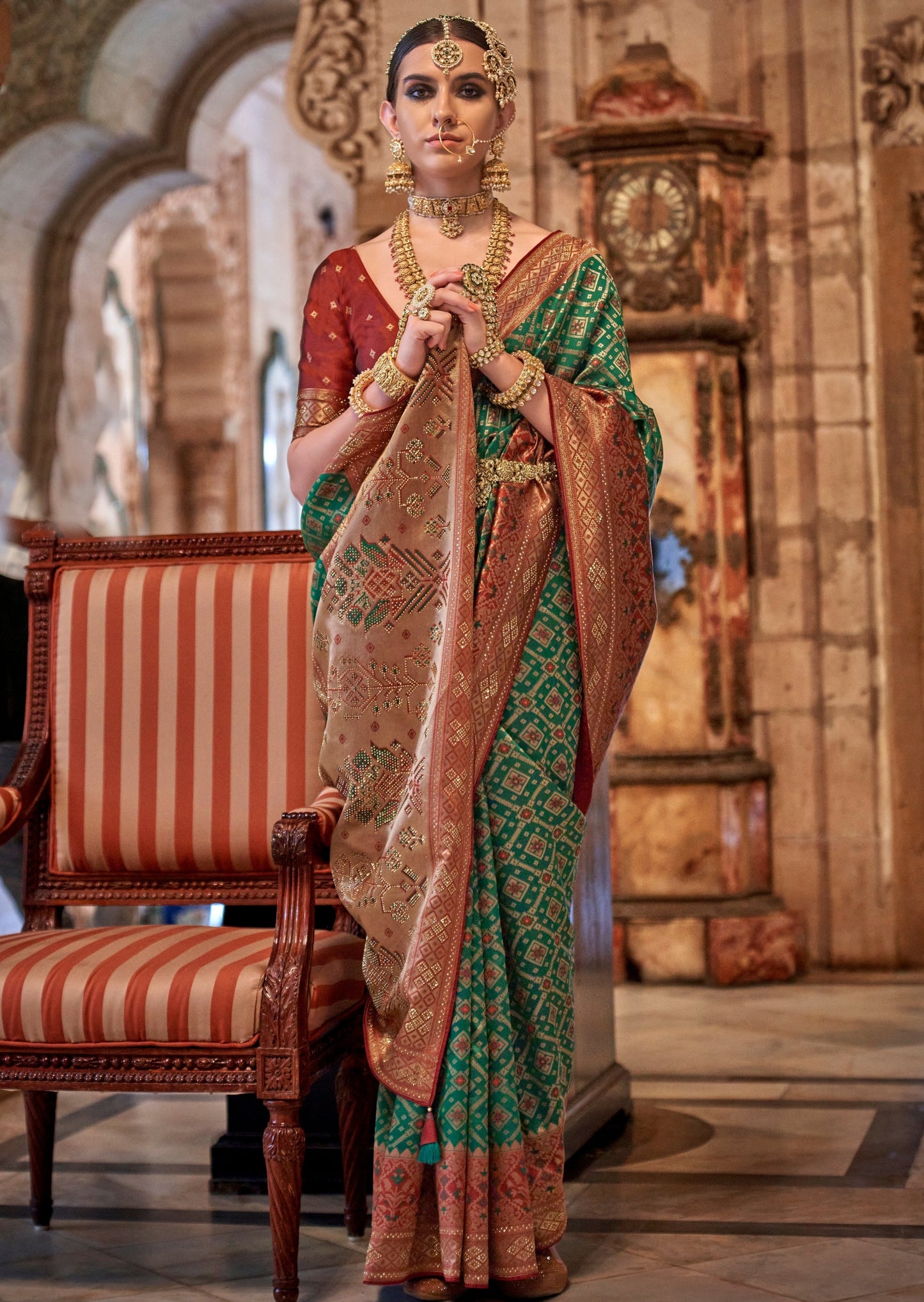 Banarasi patola silk green traditional bridal zari saree online india usa uk uae.