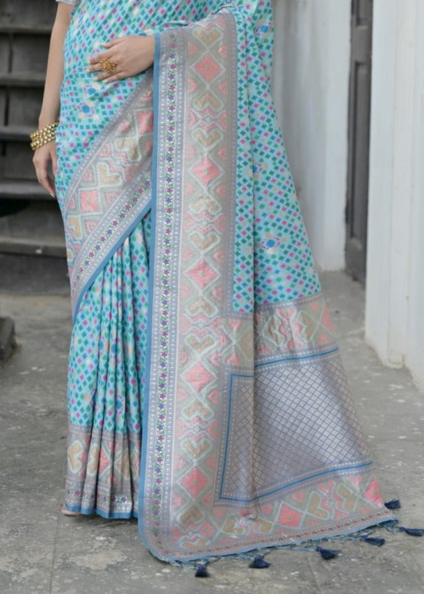 Banarasi patola handloom silk pastel blue saree dubai online shopping at fast delivery USA.