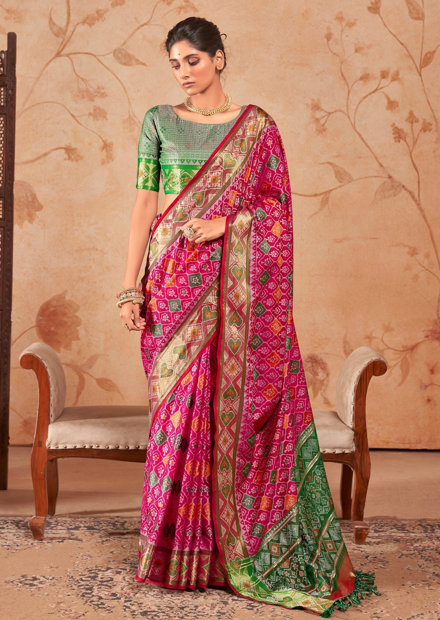 Pink banarasi patola handloom silk saree online usa shopping with green blouse & zari weaving.