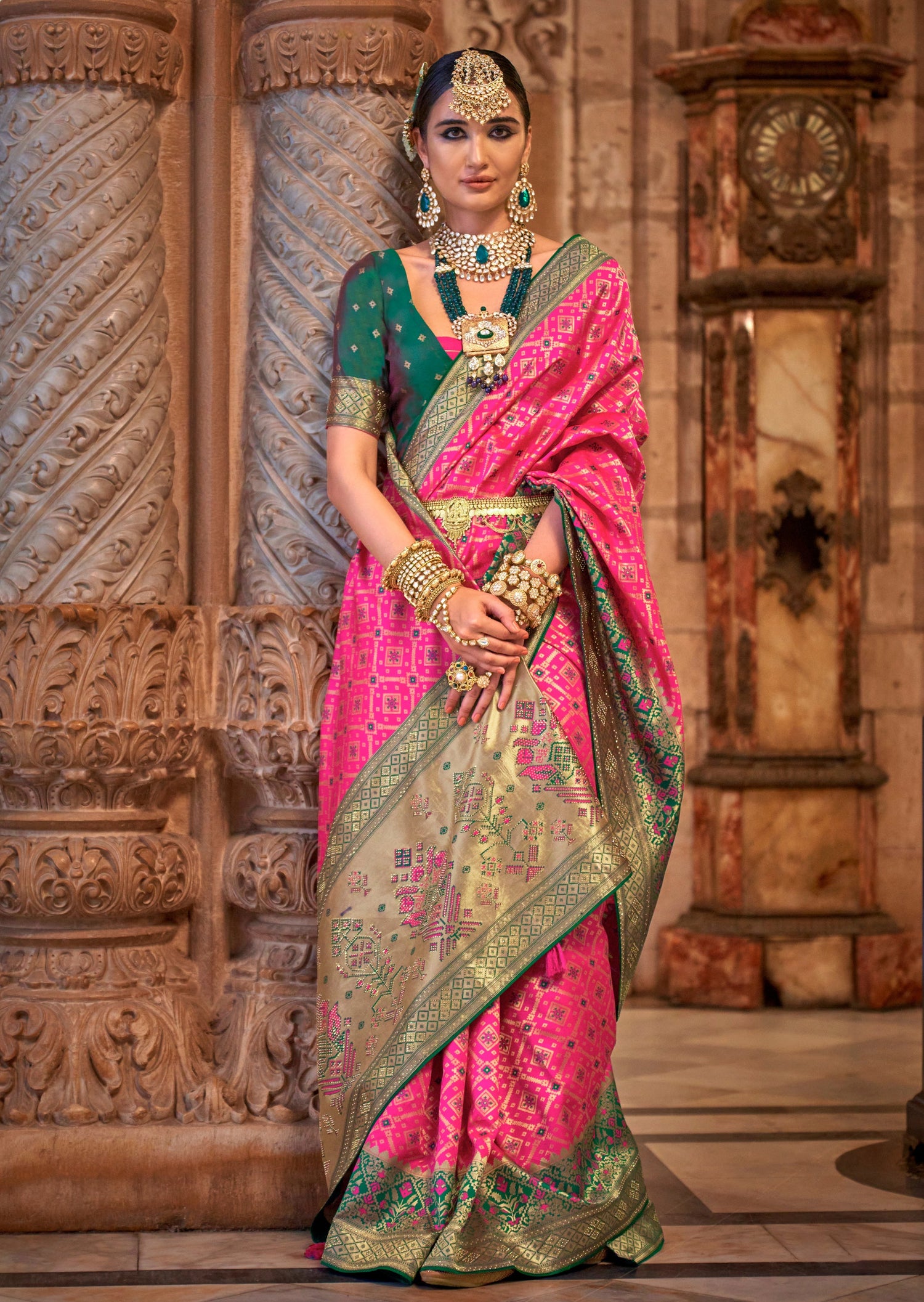 Banarasi patola silk pink traditional bridal zari saree online india usa uk uae.