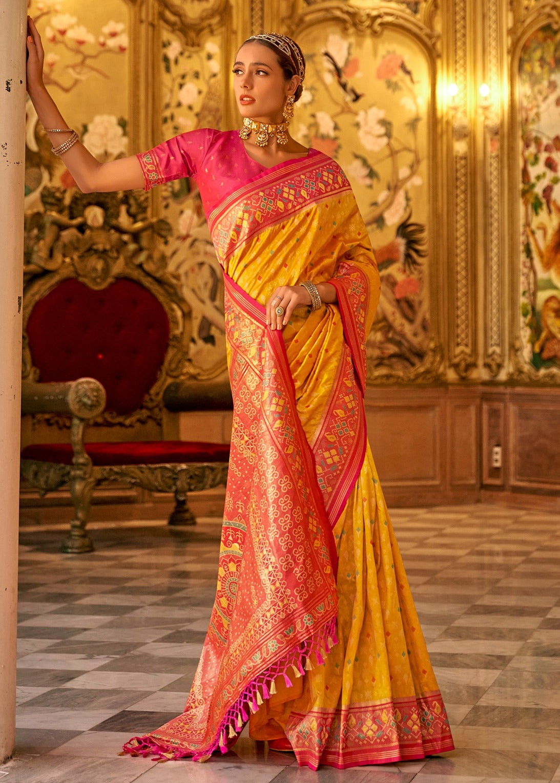 Banarasi patola silk yellow handloom saree with contrast red blouse online in india usa for wedding.