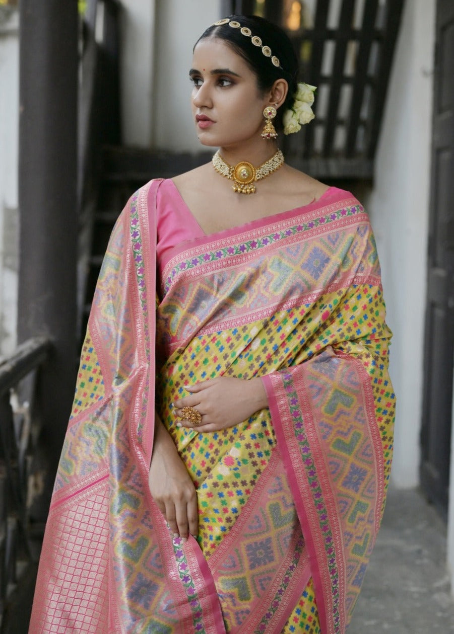 Banarasi patola silk yellow handloom sarees in usa for online shopping.