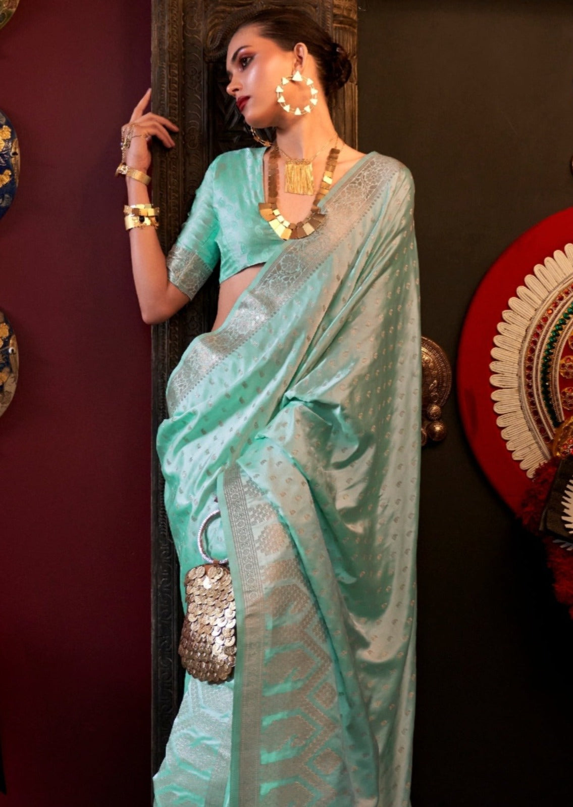 Pure banarasi satin katan silk handloom saree in mint green colour online shopping india with price.