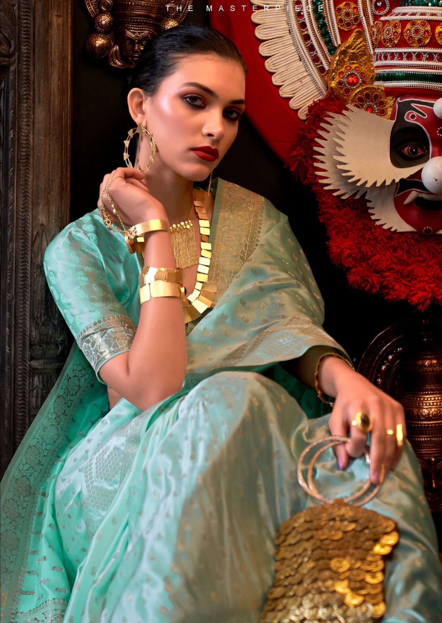 Pure banarasi katan satin silk handloom saree in mint green colour online shopping india with price.