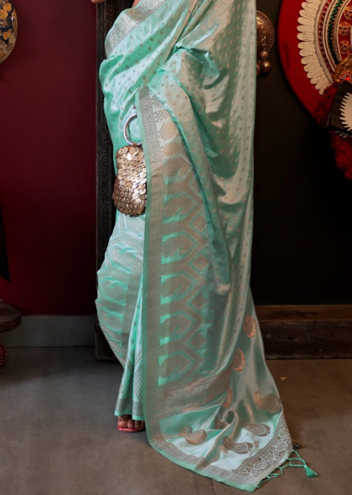 Pure banarasi satin katan silk mint green saree online india price.