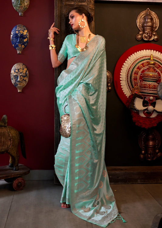 Pure banarasi satin silk handloom saree in mint green color online shopping india with price.