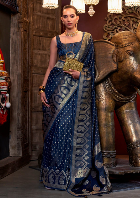 Banarasi satin silk navy blue handloom saree usa uk dubai uae online shopping with price.