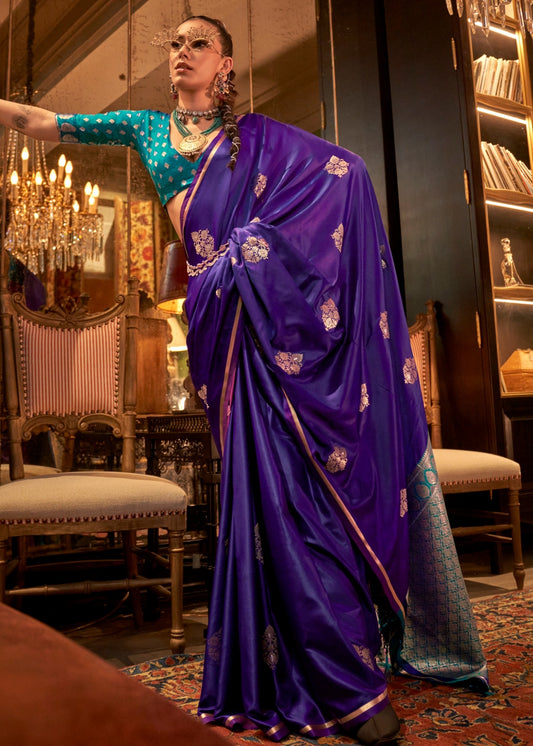 Handloom Banarasi Satin Silk Violet Purple Saree